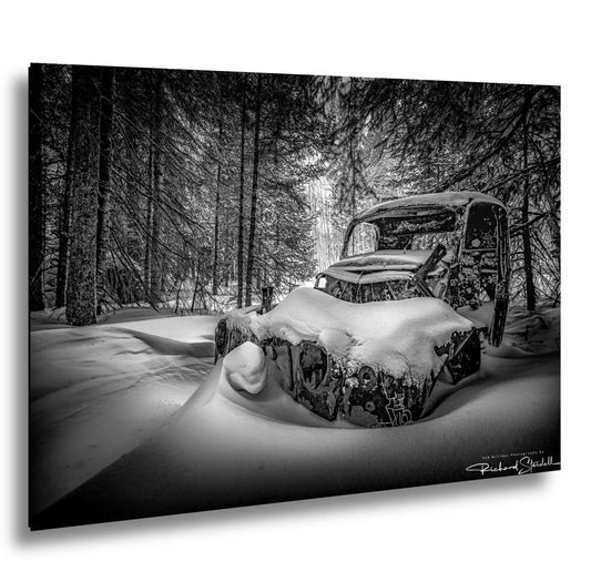 Rustic Winter Wall Art, Snowy Abandoned Car (Black & White Print)
