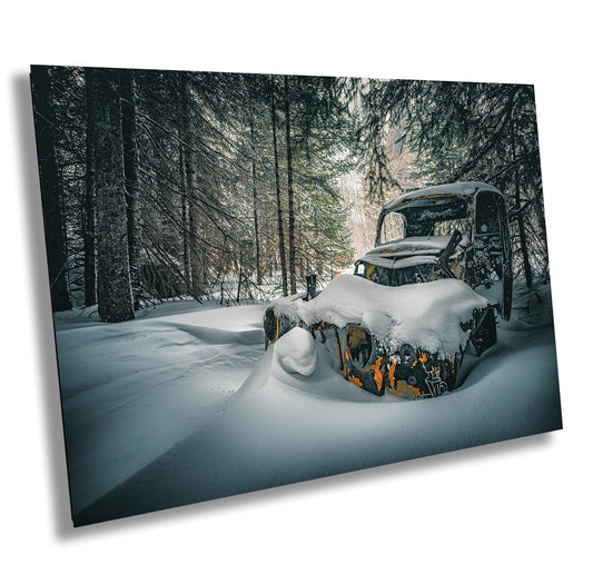 Vintage Abandoned Car Print – Rustic Winter Photography | Mountain Nature Wall Art