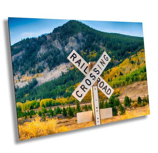 Railroad Crossing Sign Art - Rustic Train Wall Art | Scenic Mountain Landscape Print