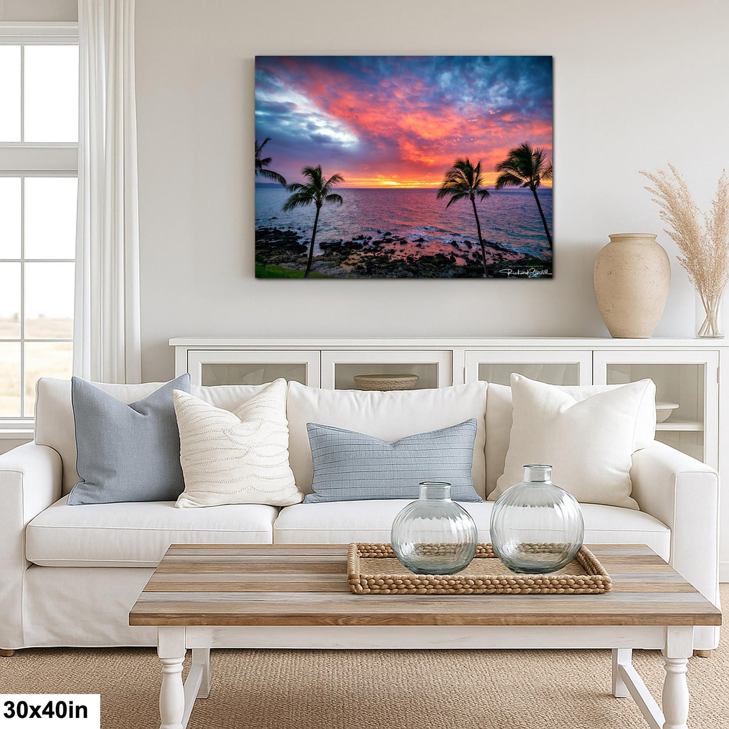 Sunset Wall Art - Maui Beach View With Tropical Palm Trees & Golden Hour Decor