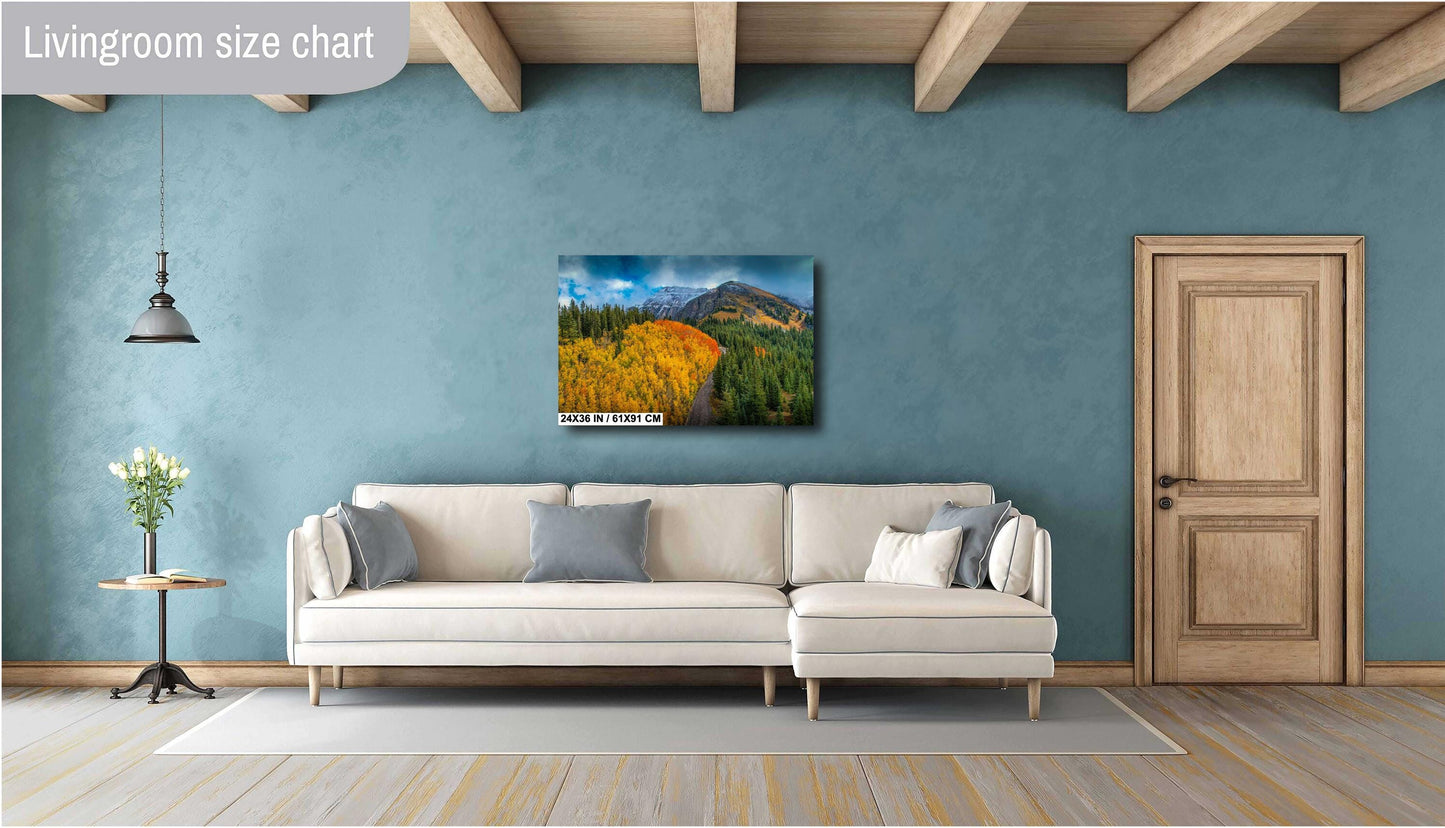 Colorado Photo Wall Art – Autumn Mountain Canvas with Snow Covered Peaks & Winding Road