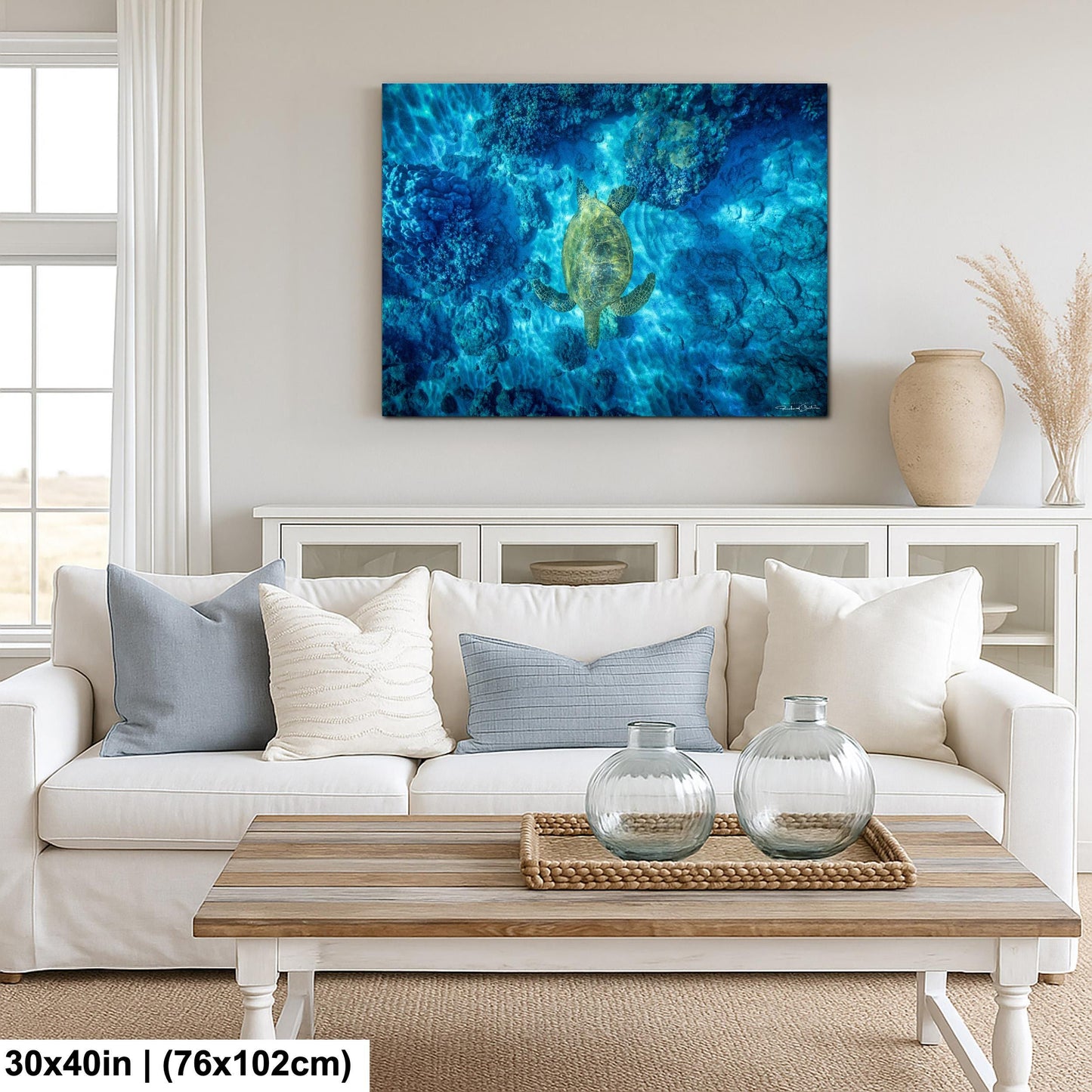 Green Sea Turtle Wall Art – Maui Ocean View | Tropical Coastal Decor Canvas