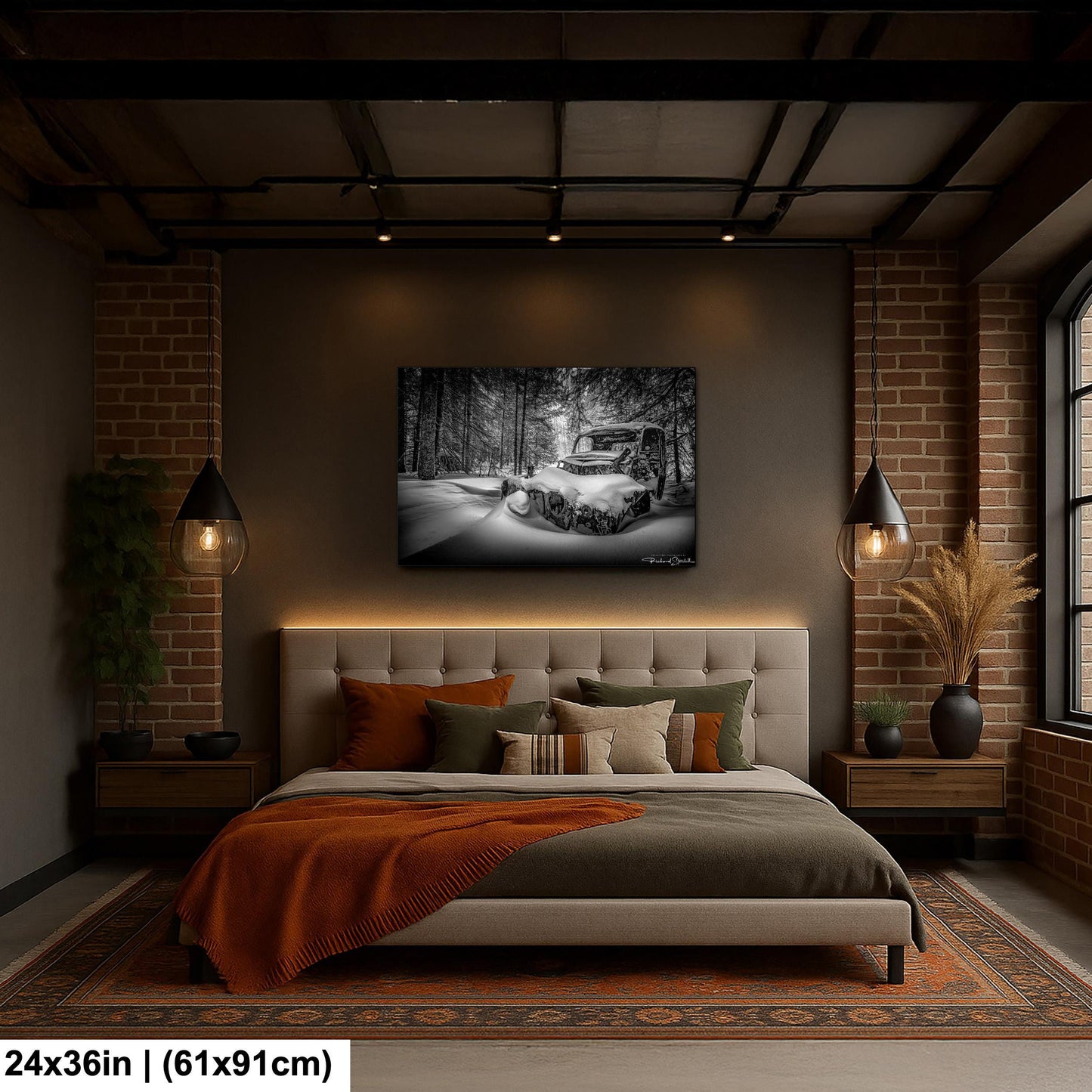 Rustic Winter Wall Art, Snowy Abandoned Car (Black & White Print)