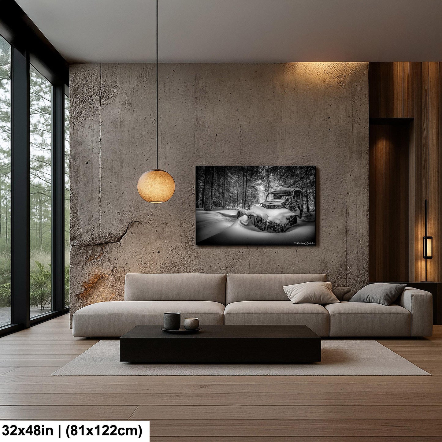 Rustic Winter Wall Art, Snowy Abandoned Car (Black & White Print)