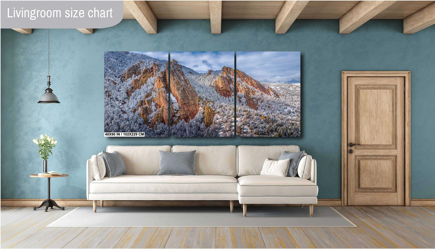 Boulder Wall Art – Flatirons Winter Landscape Print | Snowy Mountain Decor Gift
