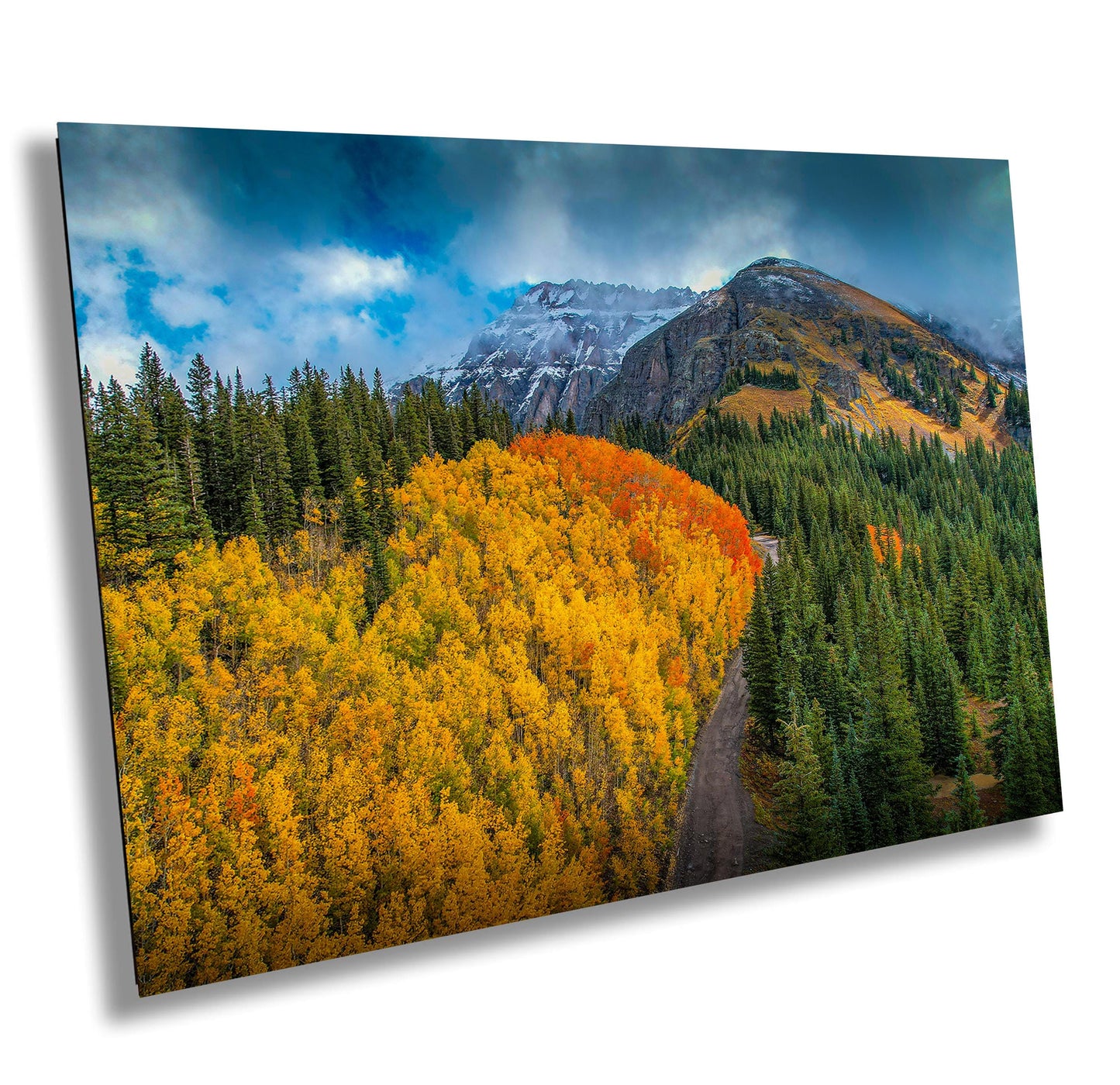 Colorado Photo Wall Art – Autumn Mountain Canvas with Snow Covered Peaks & Winding Road