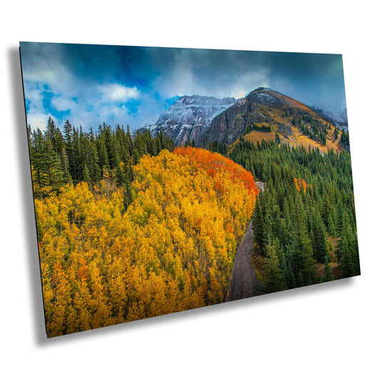 Colorado Photo Wall Art – Autumn Mountain Canvas with Snow Covered Peaks & Winding Road