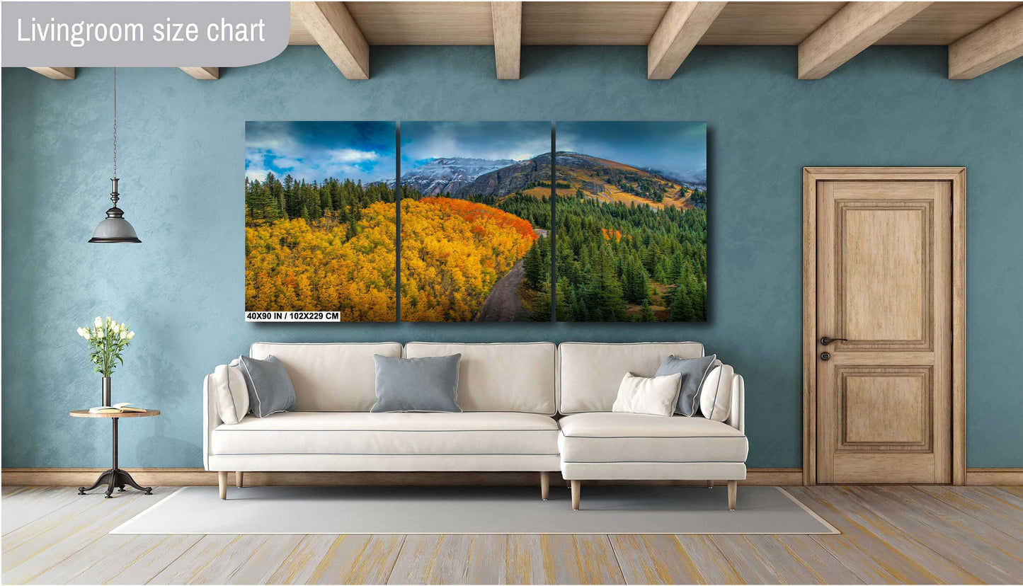 Colorado Photo Wall Art – Autumn Mountain Canvas with Snow Covered Peaks & Winding Road