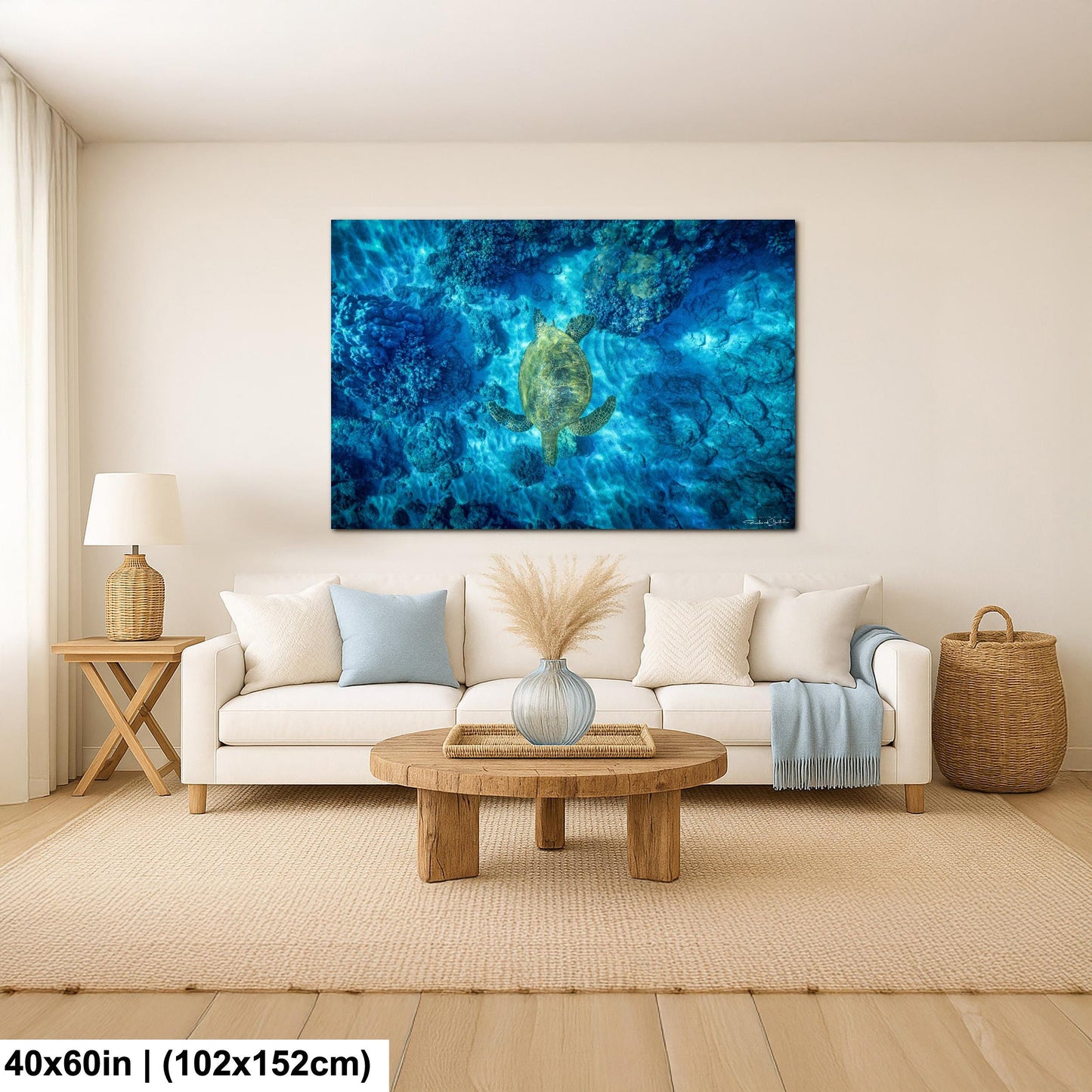 Green Sea Turtle Wall Art – Maui Ocean View | Tropical Coastal Decor Canvas