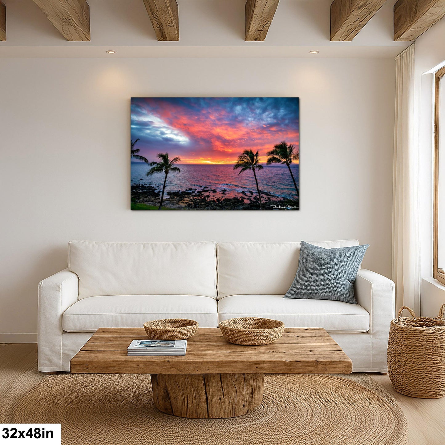 Sunset Wall Art - Maui Beach View With Tropical Palm Trees & Golden Hour Decor