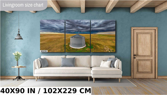 Stormy Prairie Wall Art - Rustic Country Print with Dramatic Sky Photo & Grain Bin Artwork