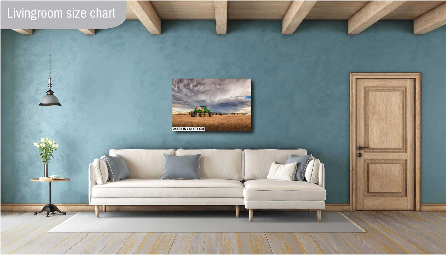 John Deere Tractor Wall Art - Rustic Farm Landscape Print With Stormy Sky
