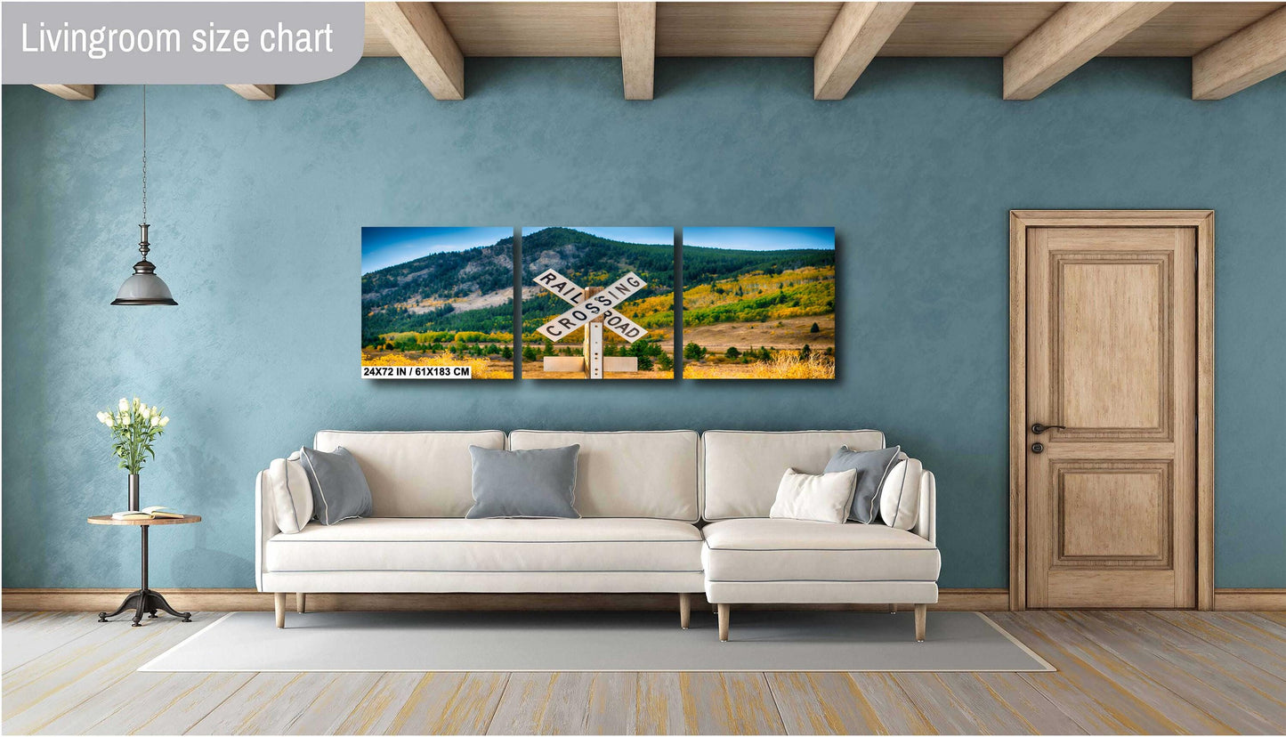 Railroad Crossing Sign Art - Rustic Train Wall Art | Scenic Mountain Landscape Print