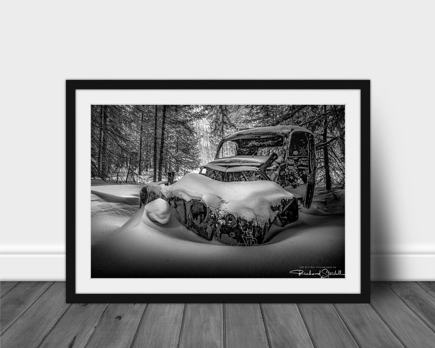 Rustic Winter Wall Art, Snowy Abandoned Car (Black & White Print)