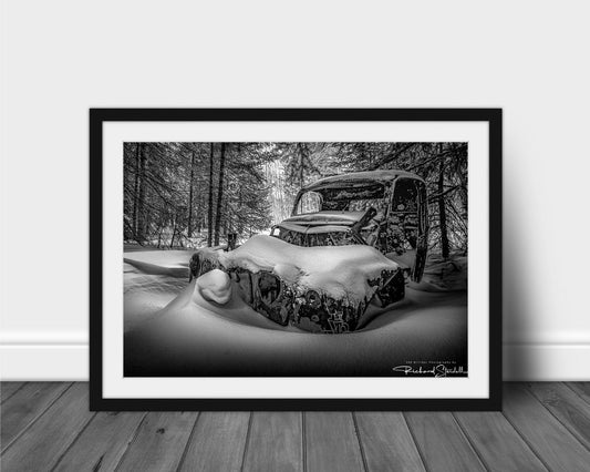 Rustic Winter Wall Art, Snowy Abandoned Car (Black & White Print)