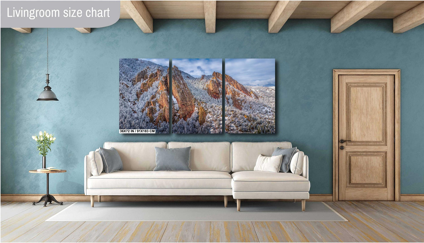 Boulder Wall Art – Flatirons Winter Landscape Print | Snowy Mountain Decor Gift