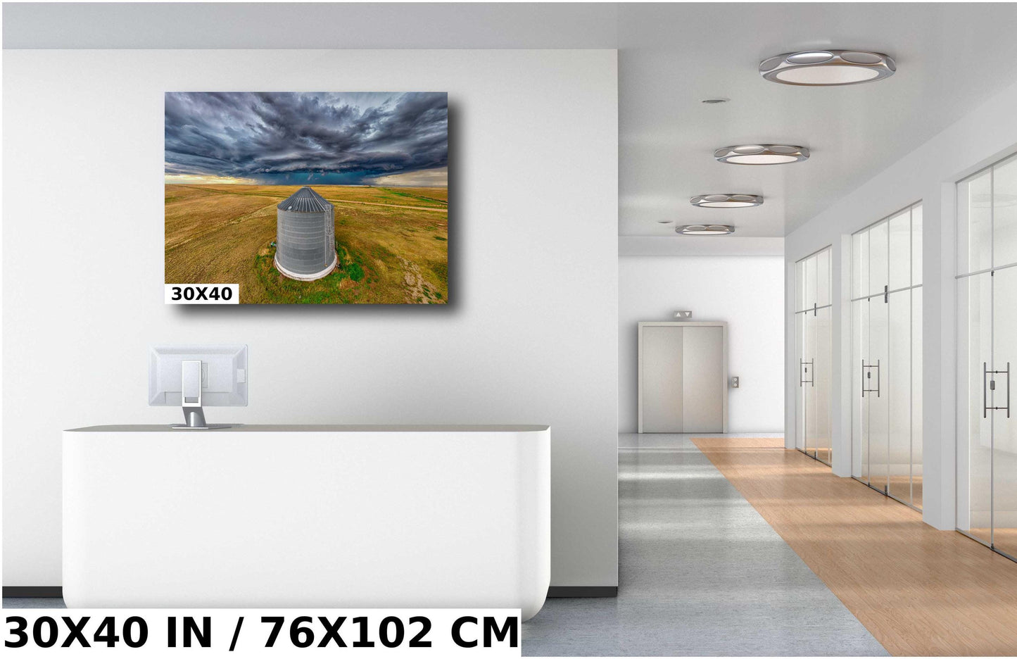 Stormy Prairie Wall Art - Rustic Country Print with Dramatic Sky Photo & Grain Bin Artwork