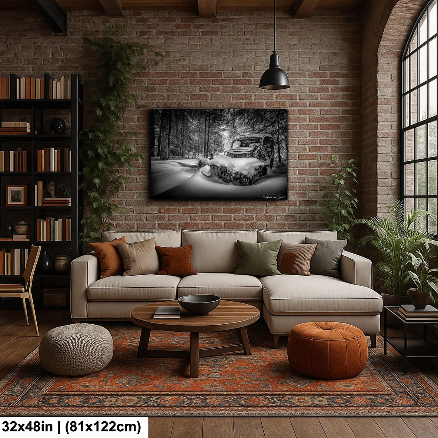 Rustic Winter Wall Art, Snowy Abandoned Car (Black & White Print)