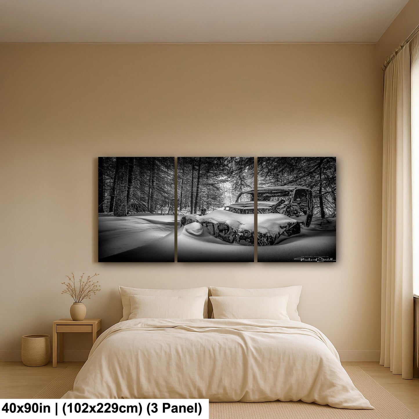 Rustic Winter Wall Art, Snowy Abandoned Car (Black & White Print)