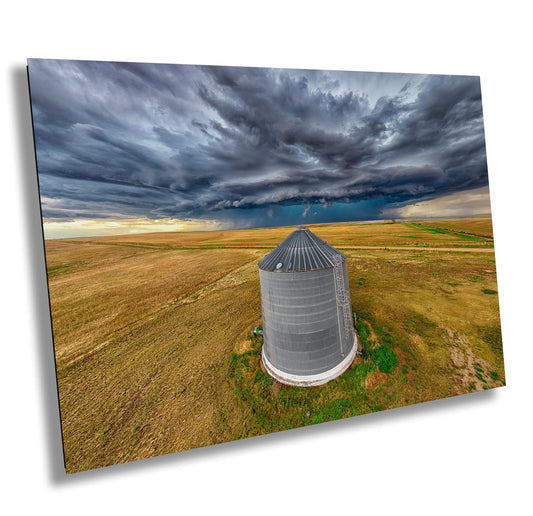 Stormy Prairie Wall Art - Rustic Country Print with Dramatic Sky Photo & Grain Bin Artwork