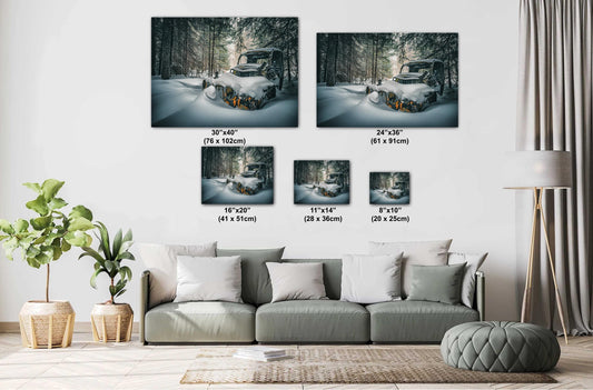 Vintage Abandoned Car Print – Rustic Winter Photography | Mountain Nature Wall Art