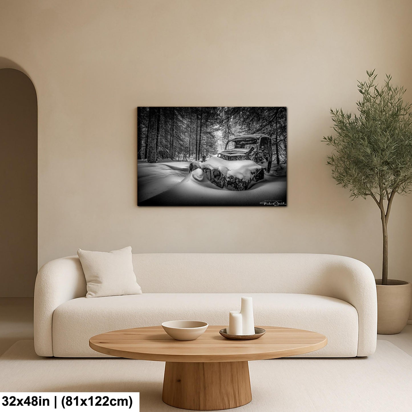 Rustic Winter Wall Art, Snowy Abandoned Car (Black & White Print)