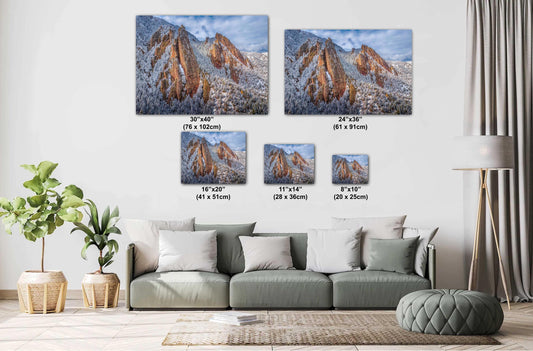 Boulder Wall Art – Flatirons Winter Landscape Print | Snowy Mountain Decor Gift