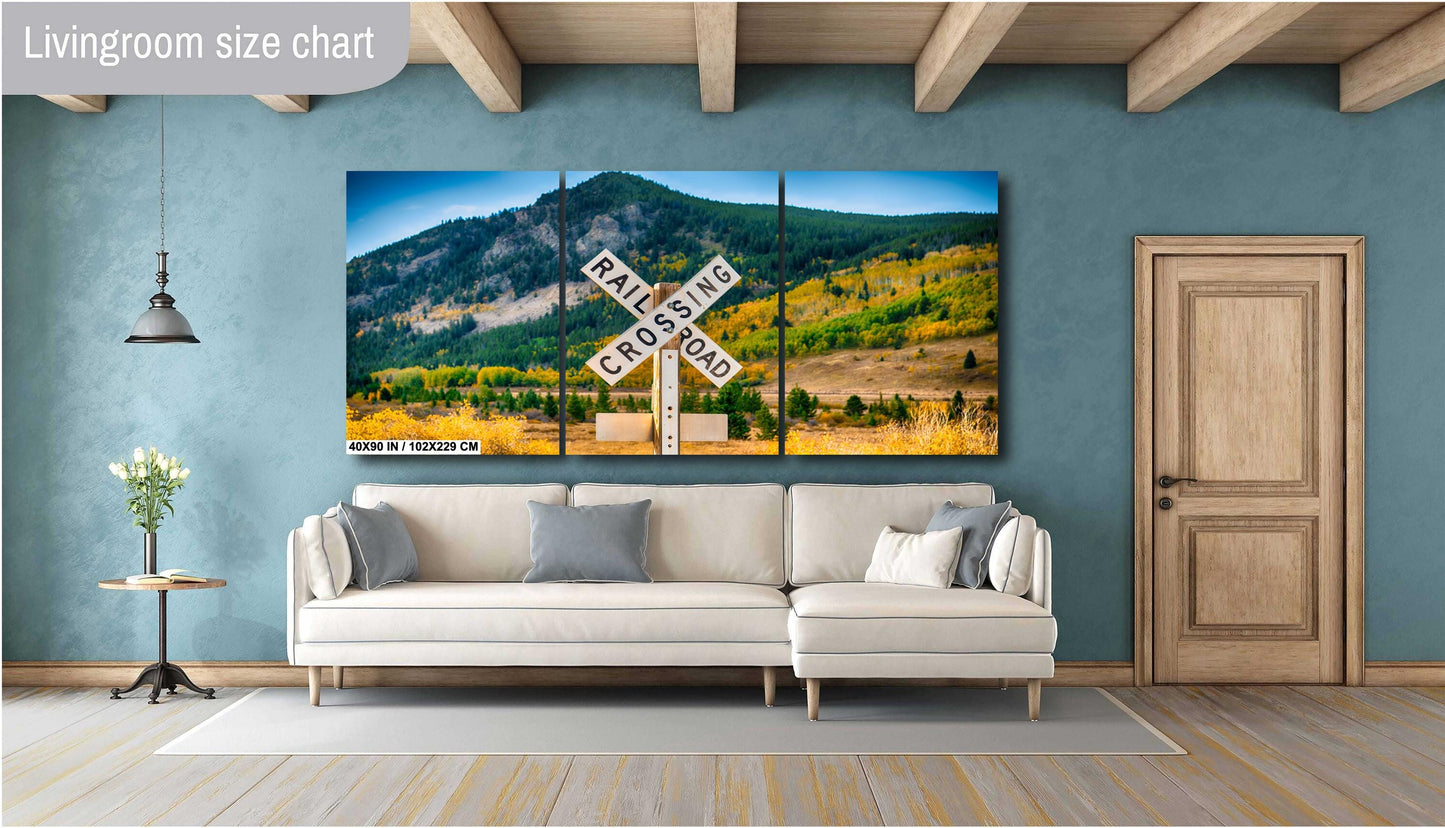 Railroad Crossing Sign Art - Rustic Train Wall Art | Scenic Mountain Landscape Print