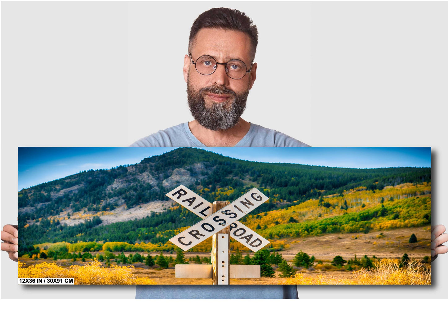 Railroad Crossing Sign Art - Rustic Train Wall Art | Scenic Mountain Landscape Print