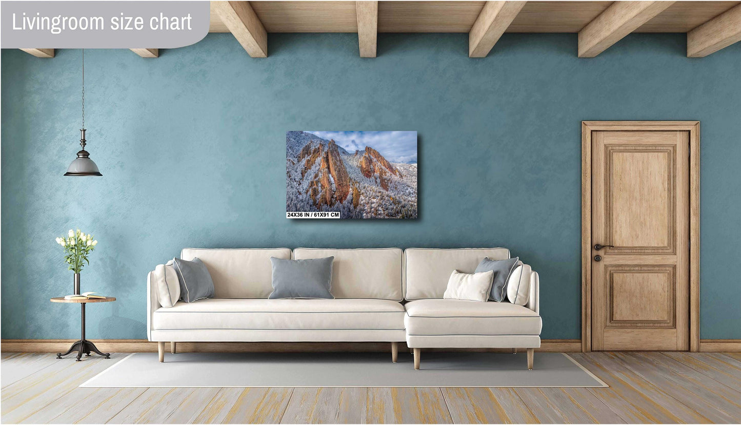 Boulder Wall Art – Flatirons Winter Landscape Print | Snowy Mountain Decor Gift