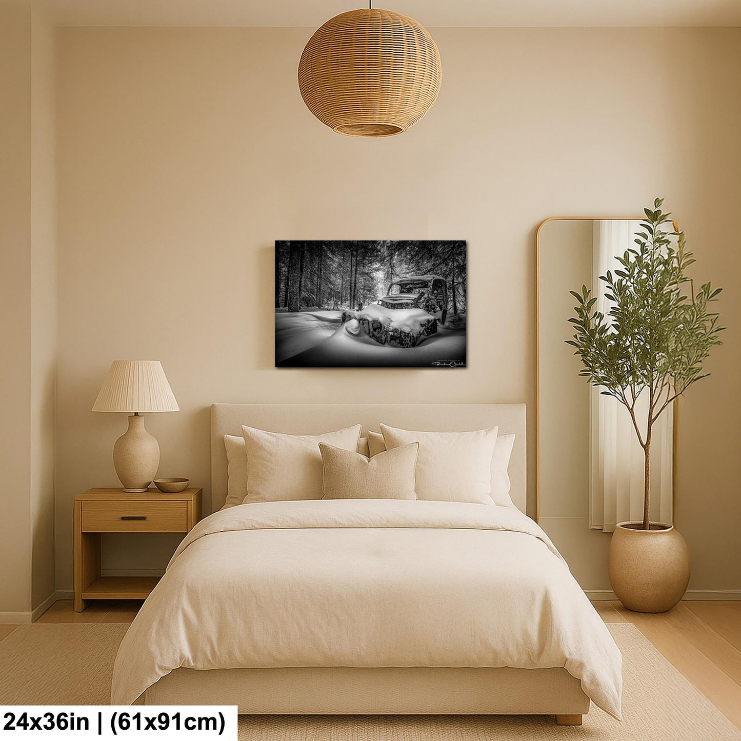 Rustic Winter Wall Art, Snowy Abandoned Car (Black & White Print)
