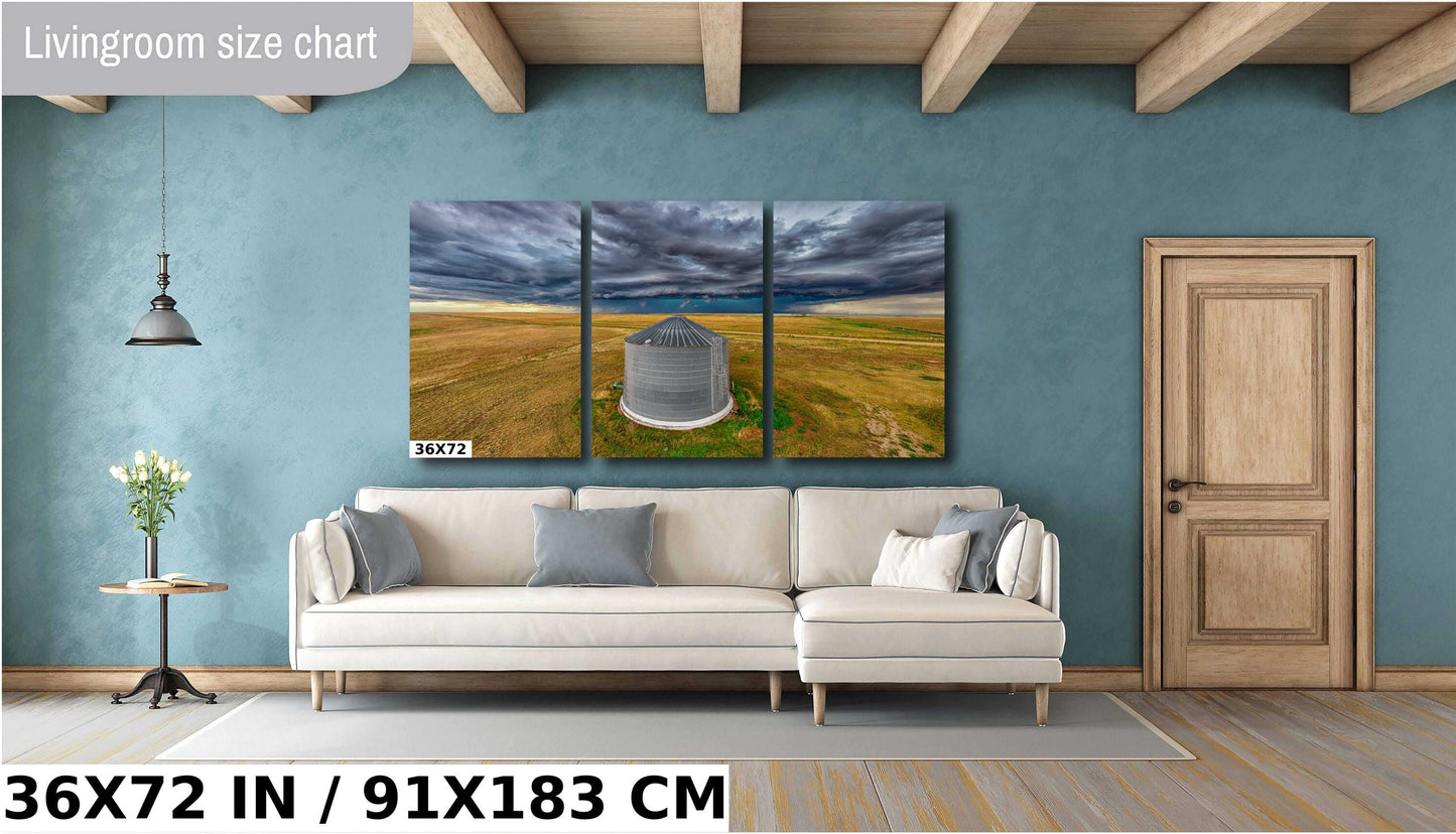 Stormy Prairie Wall Art - Rustic Country Print with Dramatic Sky Photo & Grain Bin Artwork