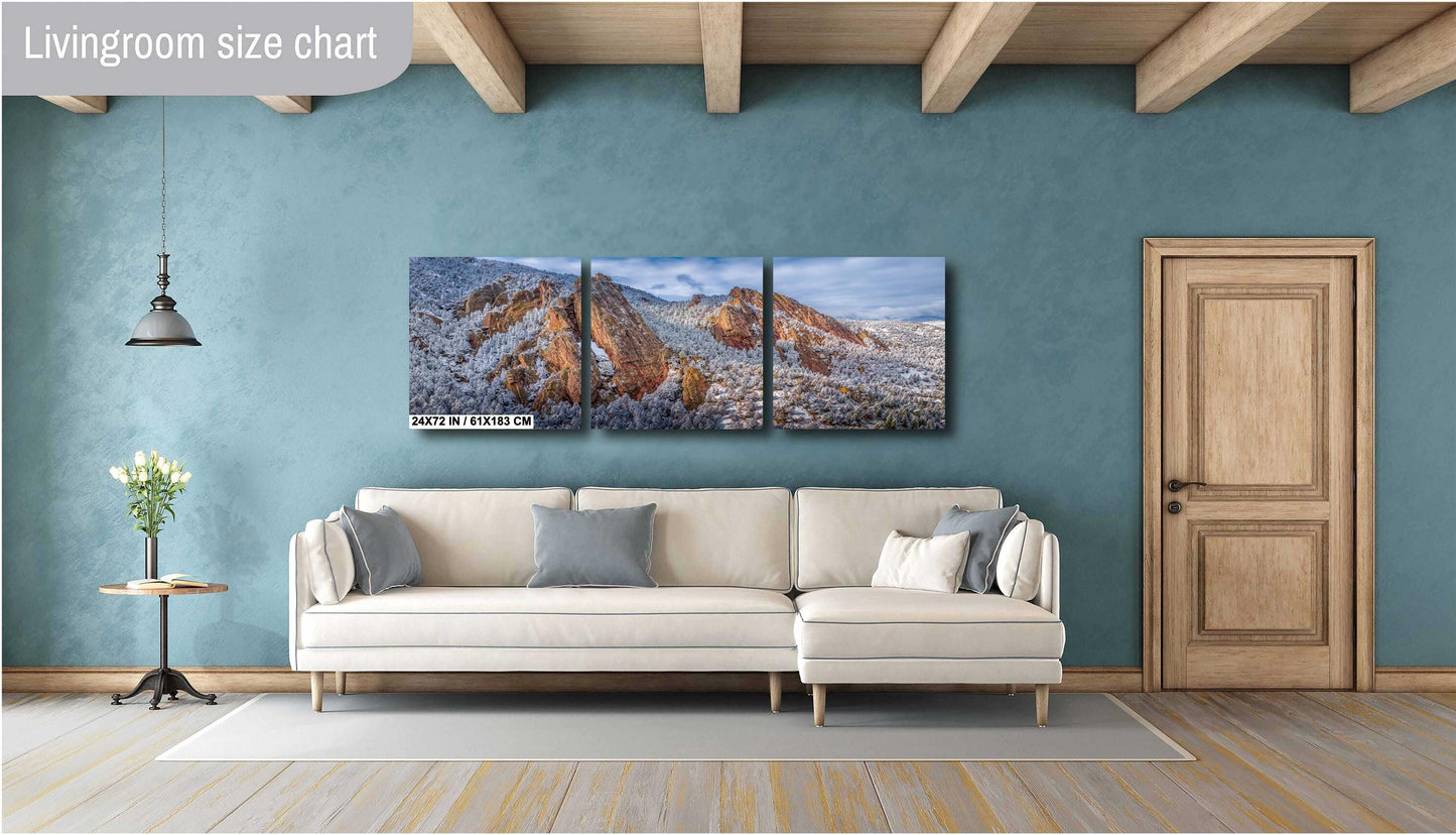 Boulder Wall Art – Flatirons Winter Landscape Print | Snowy Mountain Decor Gift