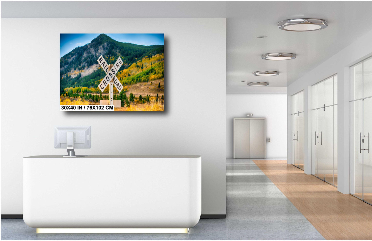 Railroad Crossing Sign Art - Rustic Train Wall Art | Scenic Mountain Landscape Print