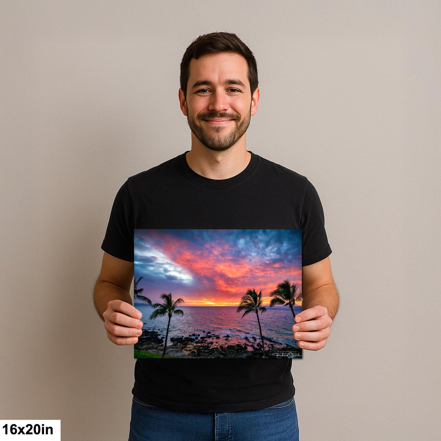 Sunset Wall Art - Maui Beach View With Tropical Palm Trees & Golden Hour Decor