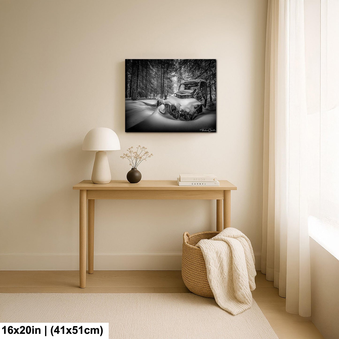 Rustic Winter Wall Art, Snowy Abandoned Car (Black & White Print)