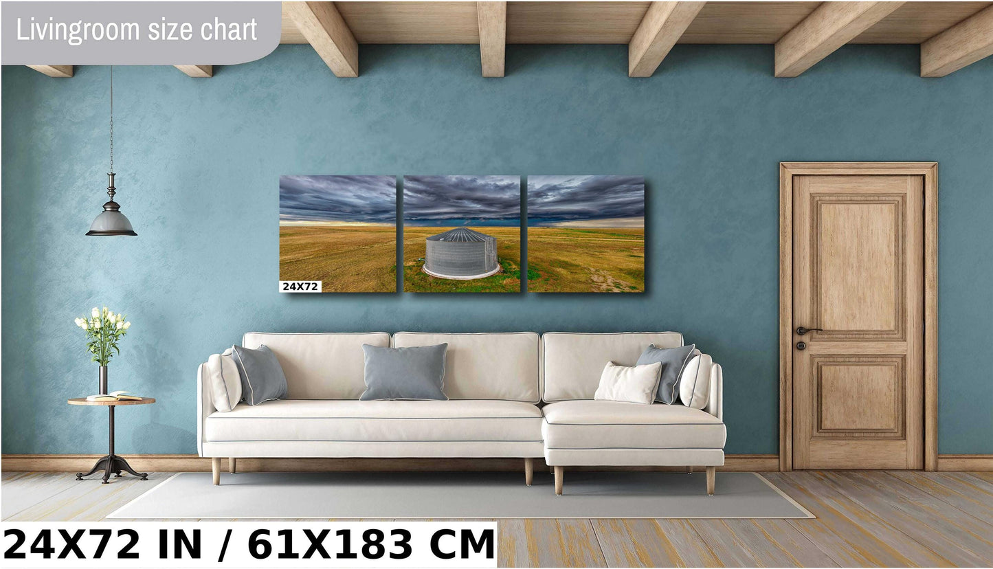 Stormy Prairie Wall Art - Rustic Country Print with Dramatic Sky Photo & Grain Bin Artwork