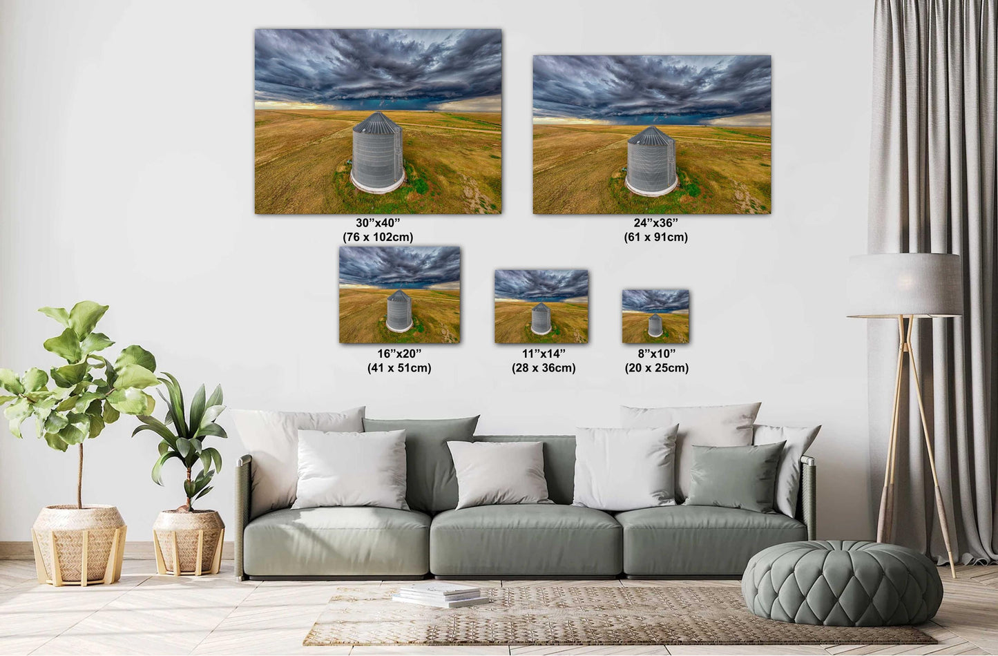 Stormy Prairie Wall Art - Rustic Country Print with Dramatic Sky Photo & Grain Bin Artwork