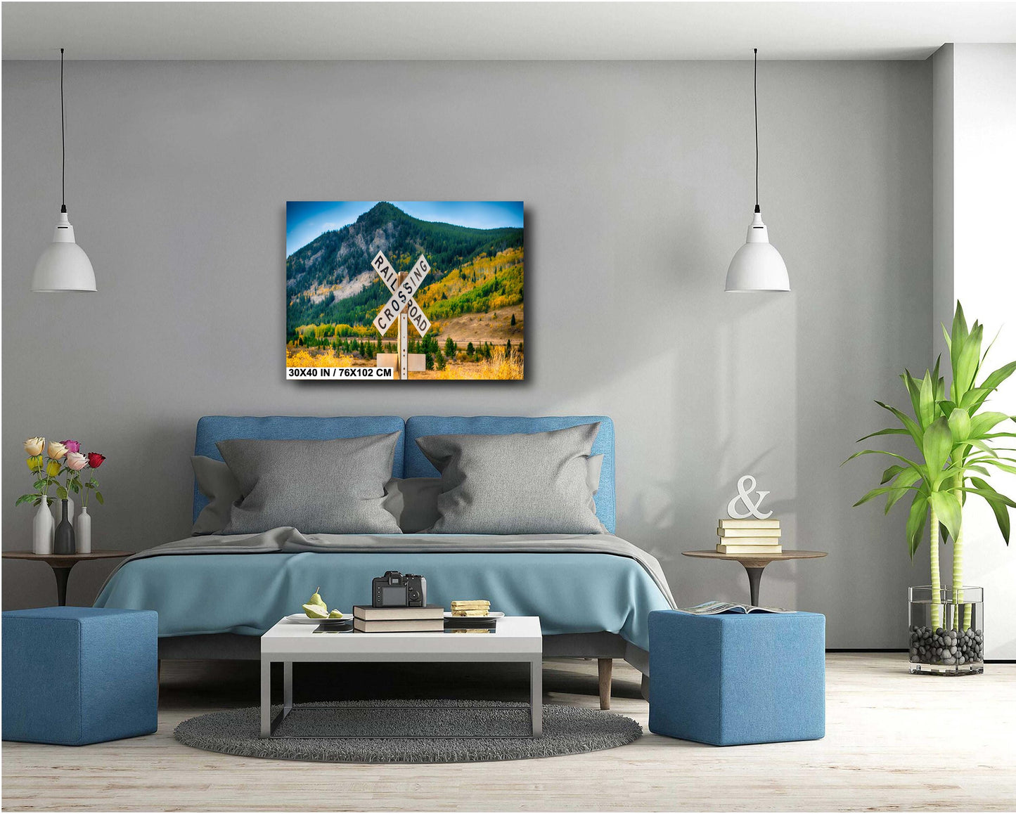 Railroad Crossing Sign Art - Rustic Train Wall Art | Scenic Mountain Landscape Print