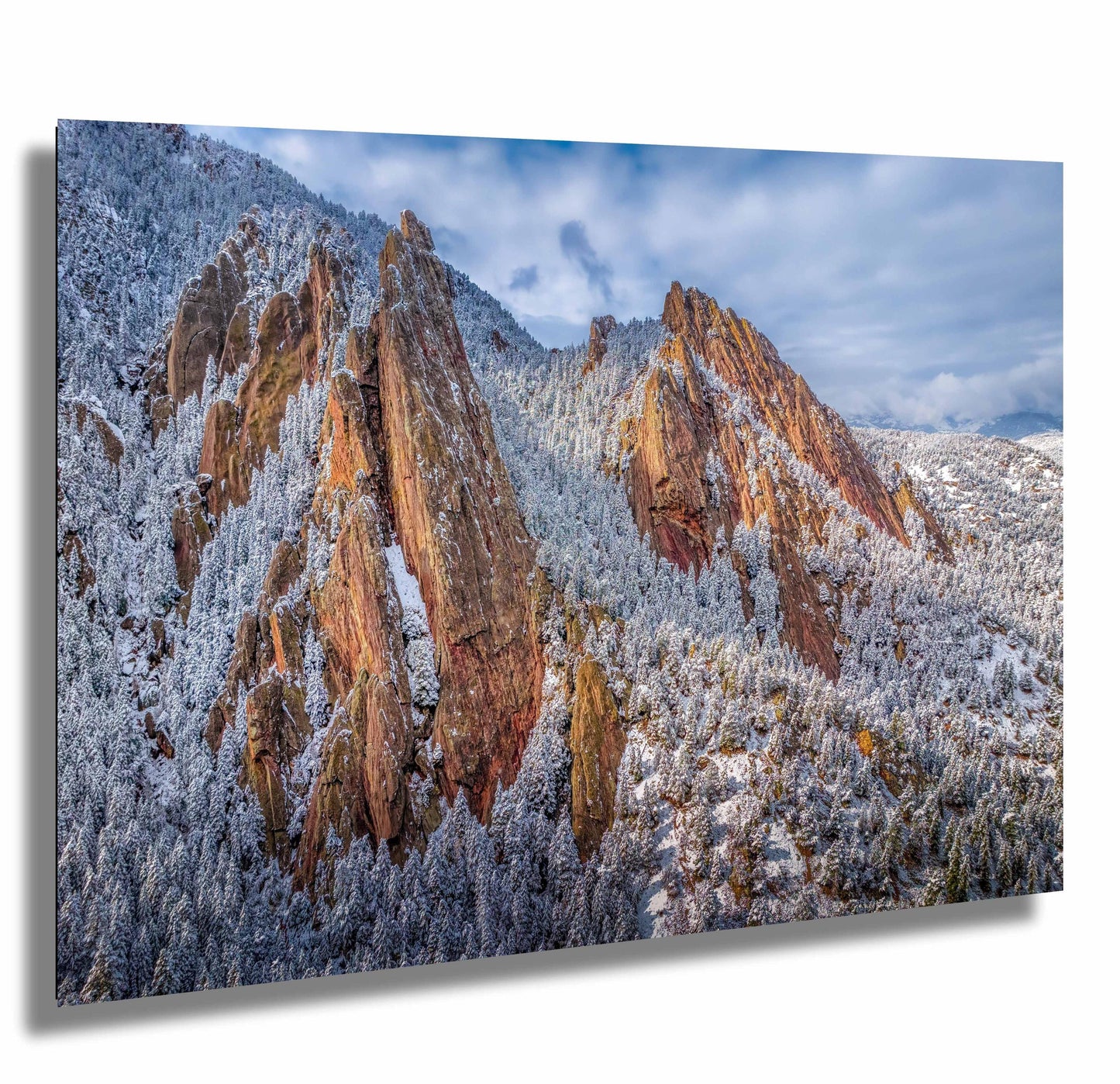 Boulder Wall Art – Flatirons Winter Landscape Print | Snowy Mountain Decor Gift