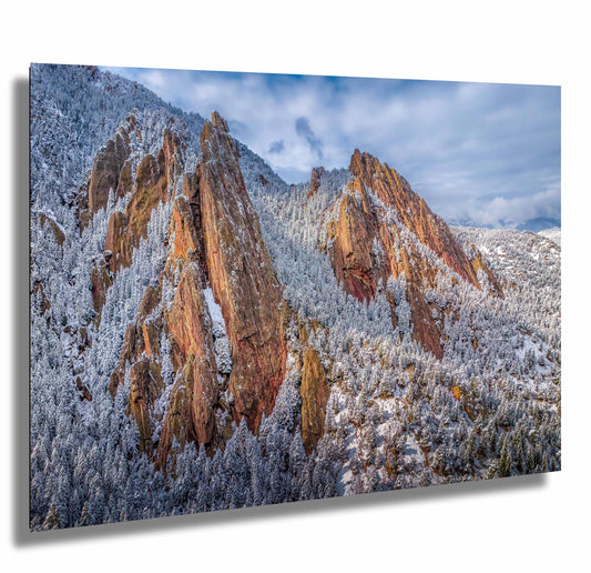 Boulder Wall Art – Flatirons Winter Landscape Print | Snowy Mountain Decor Gift