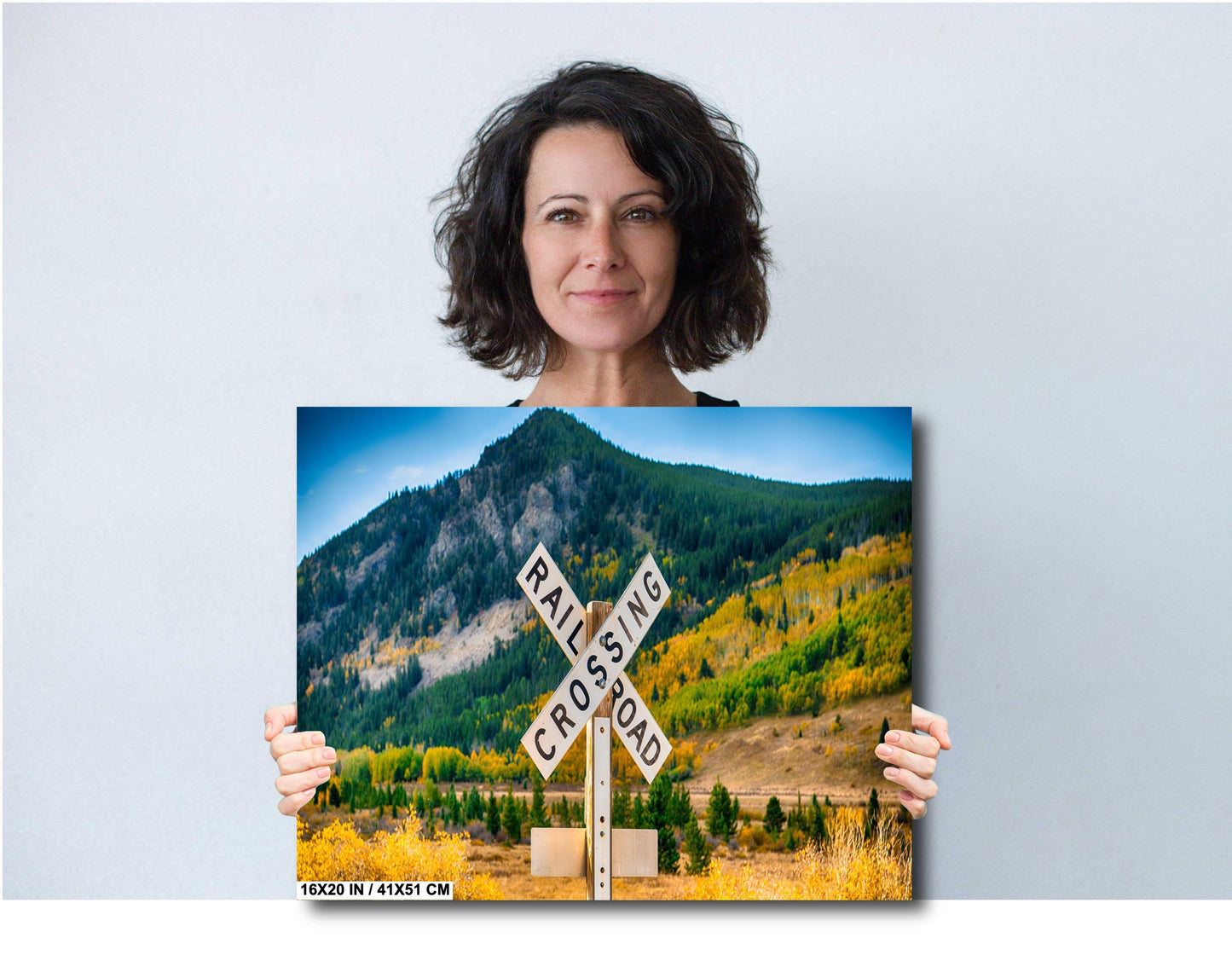 Railroad Crossing Sign Art - Rustic Train Wall Art | Scenic Mountain Landscape Print