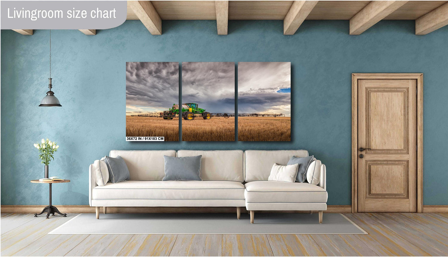 John Deere Tractor Wall Art - Rustic Farm Landscape Print With Stormy Sky