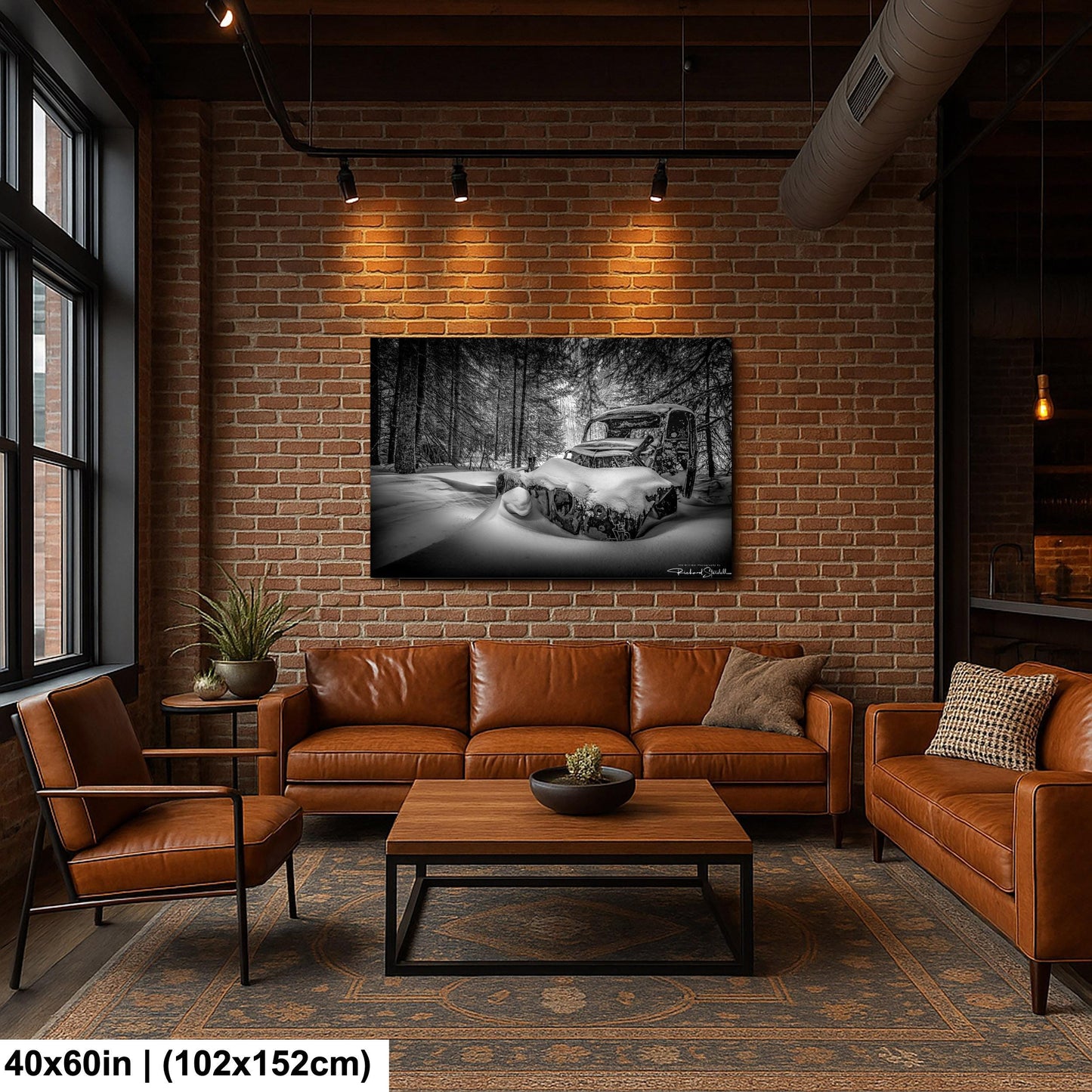 Rustic Winter Wall Art, Snowy Abandoned Car (Black & White Print)