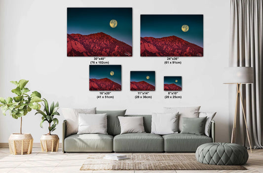Boulder Flatirons Wall Art – Full Moon Sunrise Print | Colorado Mountain Decor