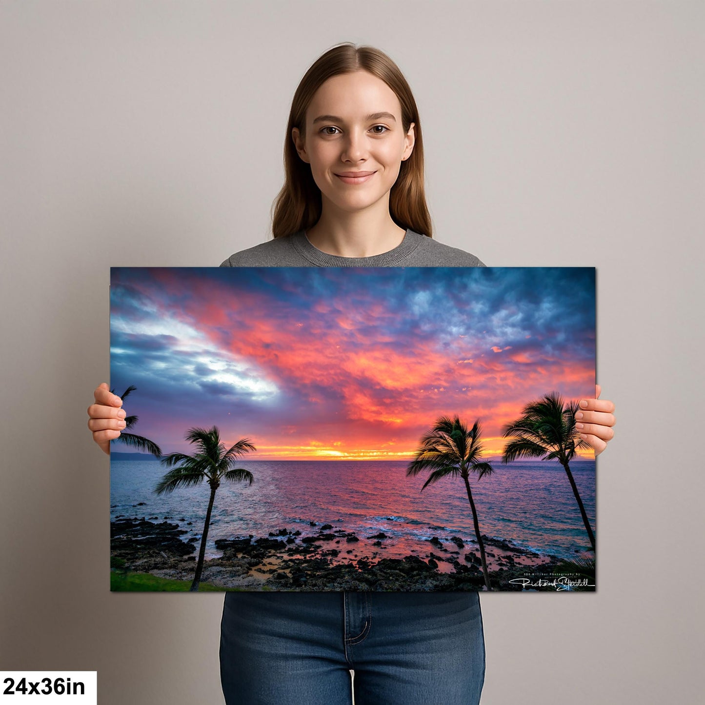 Sunset Wall Art - Maui Beach View With Tropical Palm Trees & Golden Hour Decor