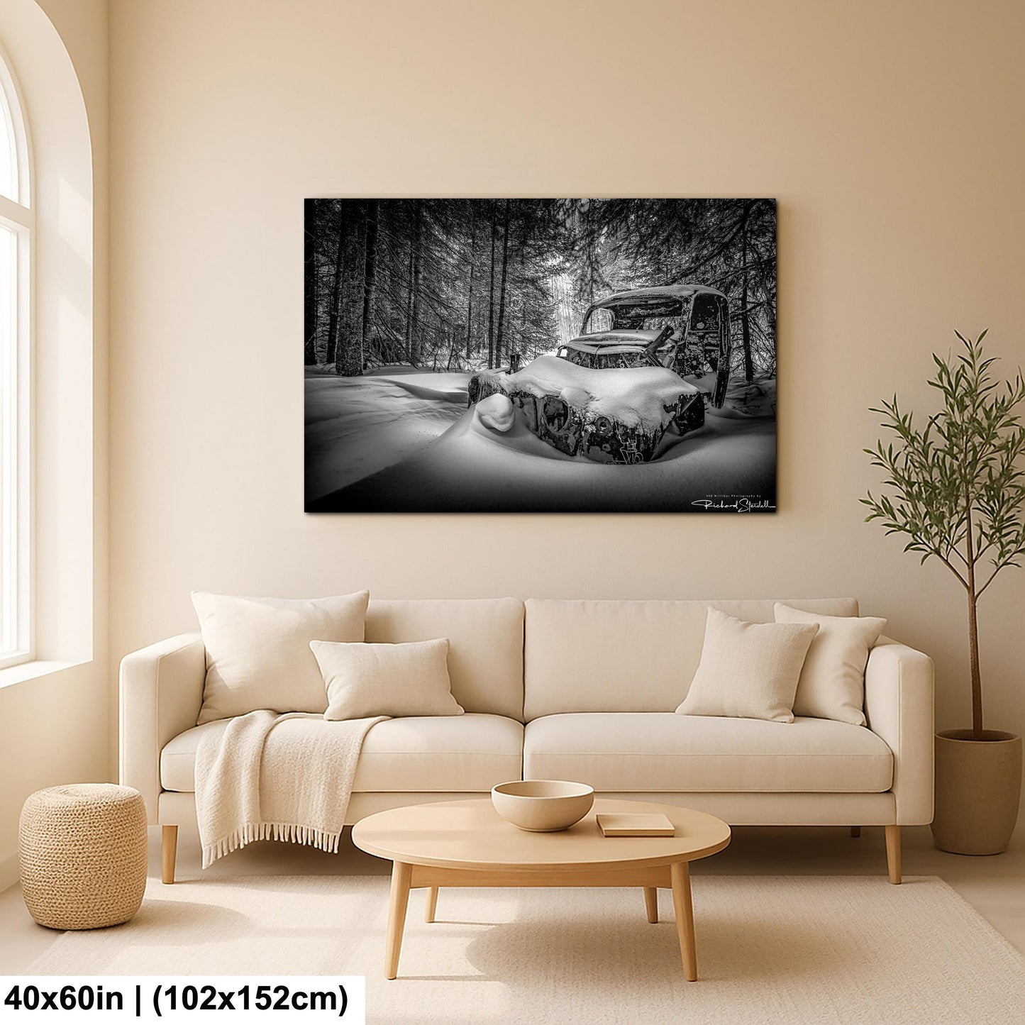 Rustic Winter Wall Art, Snowy Abandoned Car (Black & White Print)