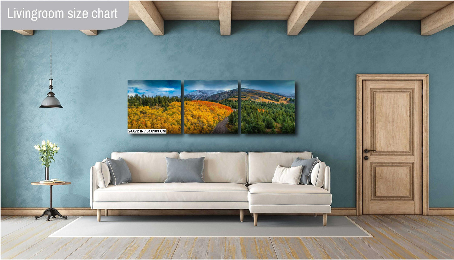 Colorado Photo Wall Art – Autumn Mountain Canvas with Snow Covered Peaks & Winding Road