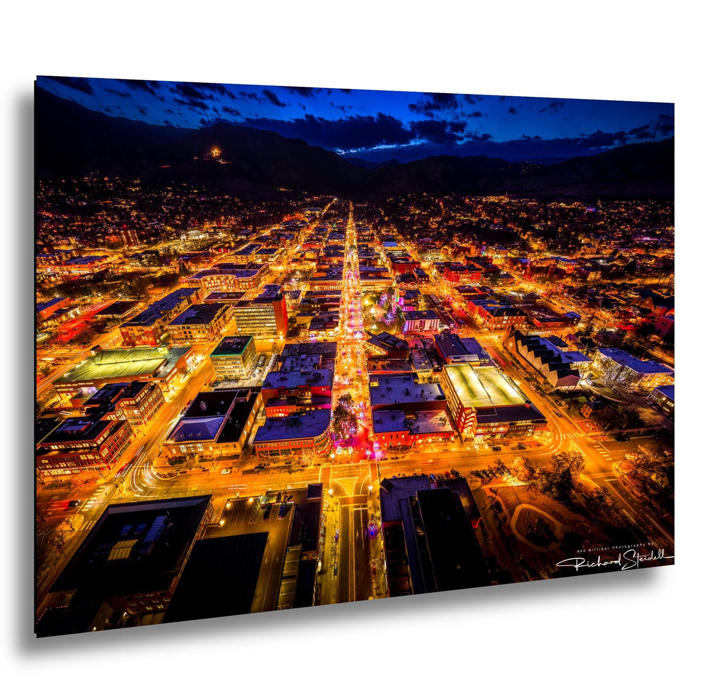 Boulder Night Aerial Photo, Downtown Pearl Street (Canvas or Metal)