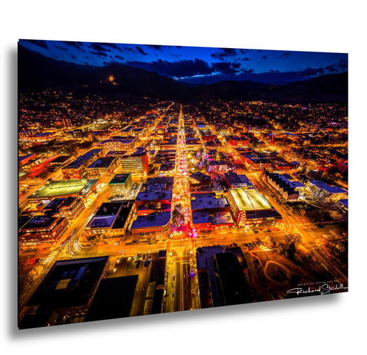 Boulder Night Aerial Photo, Downtown Pearl Street (Canvas or Metal)